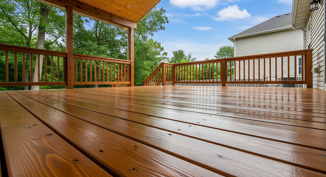 Gleaming wooden deck freshly treated with a protective stain, showcasing its rich brown hue and inviting outdoor living space under a bright blue sky