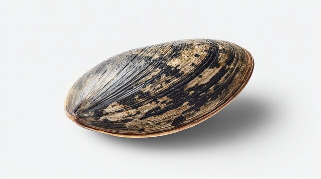 A single textured bivalve clam shell with unique natural black and brown markings rests on a plain surface