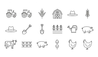 Fototapeta premium Agriculture Line Art Icons Set — Farm Equipment and Crop Vector Bundle
