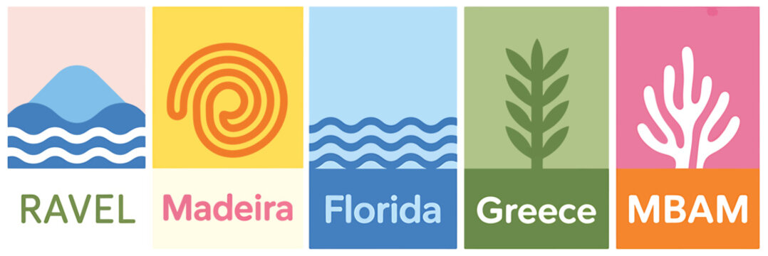 Colorful travel destination icons with names