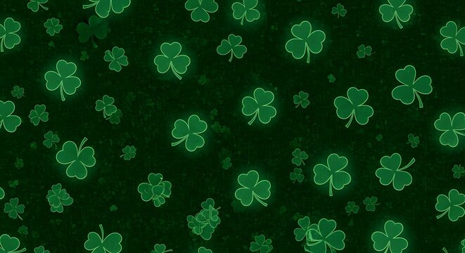 Glowing green four leaf clover pattern on dark background