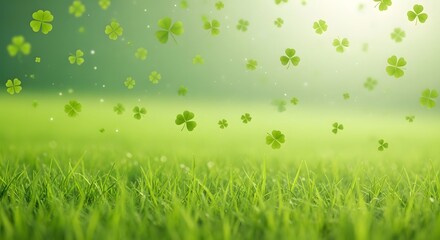 Fototapeta premium A serene landscape of a lush green field with leaves gently floating in the air