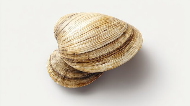 Two raw hard shell clams resting on a plain light background with visible growth rings