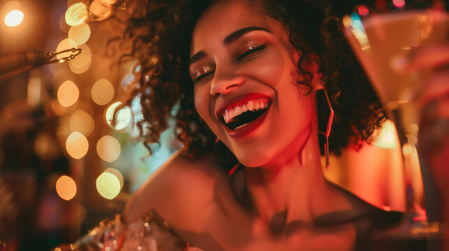 Ecstatic young woman celebrating with a drink at a night event with bokeh lights