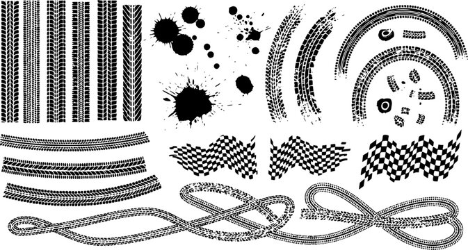 Tire tread marks after skidding, launch, drift, powerslide in motorsport, rally, off-road, motocross. Wheel texture with splash effect. Vector, transparent background EPS version.