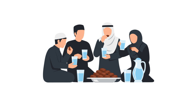 An illustrated depiction of a Muslim family and friends gathered together, enjoying a meal and drinks during the Ramadan iftar celebration, a cultural moment of togetherness.