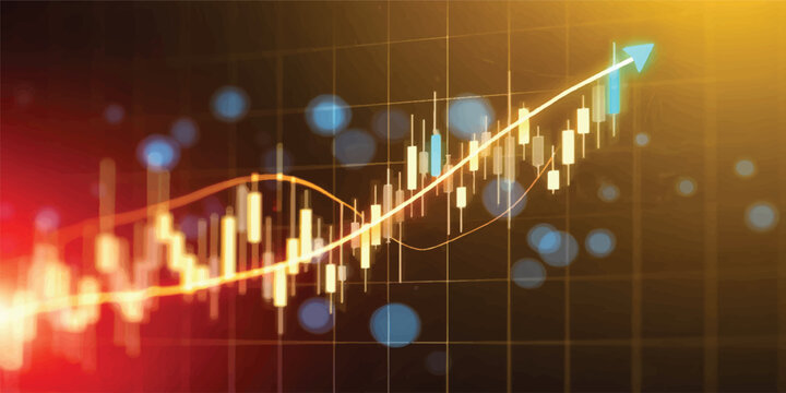 An abstract digital monitor displays a blue business stock market chart and a red medical heartbeat pulse line, illustrating a fusion of finance data and ekg technology growth