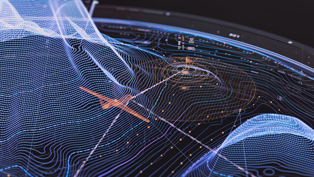 Digital aviation interface showing 3D terrain grid, aircraft marker, and navigation paths,