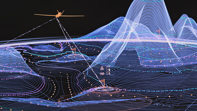 Satellite remote sensing visualization, terrain mesh, geospatial data and earth monitoring.
