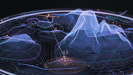 Tactical drone mission interface displaying a 3D topographic mesh with contour lines © eriksvoboda