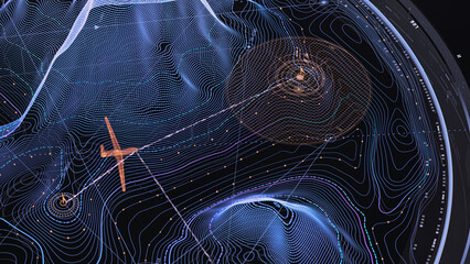 Hybrid civil military UAV control dashboard, elevation mesh, sensor grid points, flight corridors
