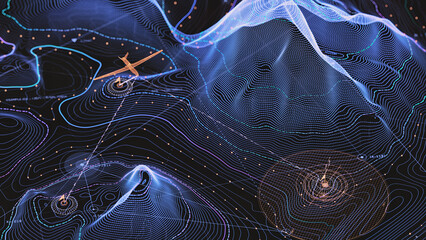 Geospatial flight monitoring interface, vibrant contour lines, aircraft icons, and data paths © eriksvoboda