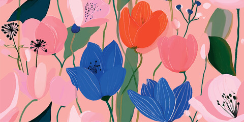 Naklejka na ściany i meble Vibrant hand-painted tulip flower seamless pattern with bold blue and orange blooms for floral textiles, wallpapers, and branding.