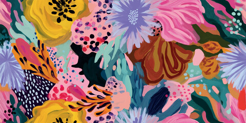 Modern abstract expressive floral seamless pattern with colorful brush strokes and dots for textiles, fashion, and home decor.
