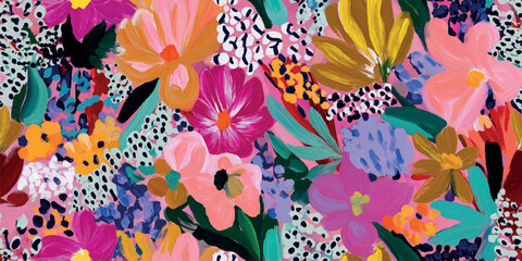 Fototapeta na wymiar Modern abstract expressive floral seamless pattern with colorful brush strokes and dots for textiles, fashion, and home decor.