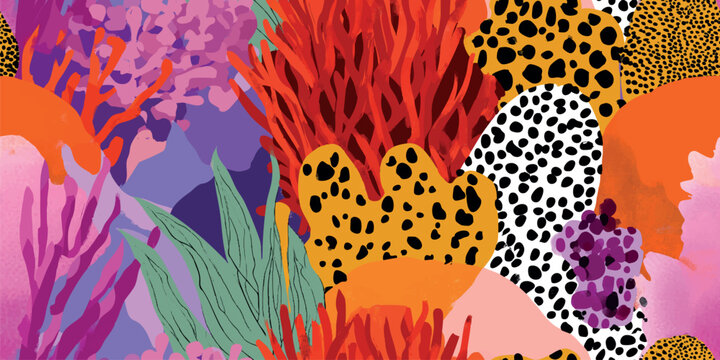Vibrant jungle collage seamless pattern with leopard print and tropical leaves for textiles, packaging, and branding.