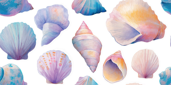Soft watercolor conch and scallop shell seamless pattern for nursery decor, textiles, and summer packaging.