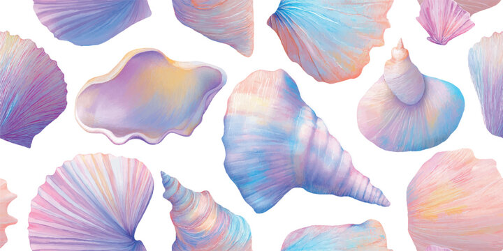 Soft watercolor conch and scallop shell seamless pattern for nursery decor, textiles, and summer packaging.