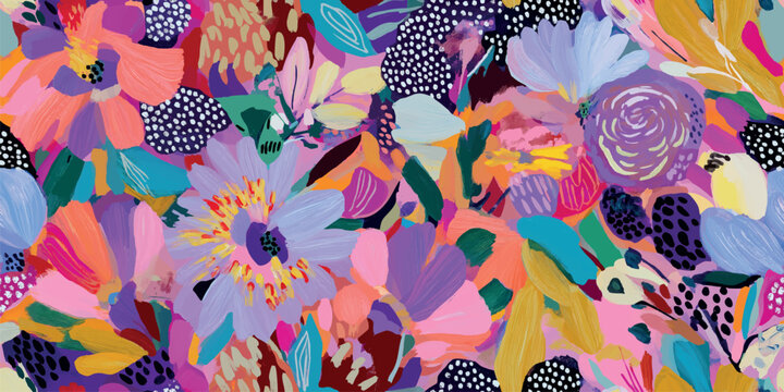 Modern abstract expressive floral seamless pattern with colorful brush strokes and dots for textiles, fashion, and home decor.