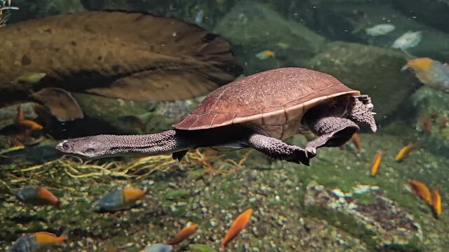 Close up of a snake neck turtle swimming beside a Queensland lung fish underwater in a river