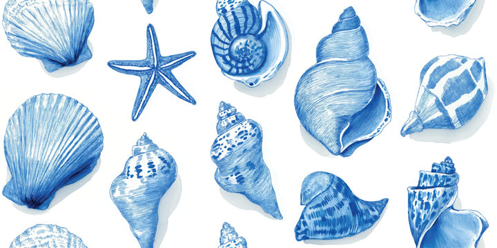 Monochrome blue watercolor seashell seamless pattern with detailed starfish for coastal home decor and textile design.