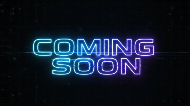 High tech futuristic title reveal showing COMING SOON with sleek sci fi typography glowing neon outlines and holographic reflections the text appears through digital glitch transitions and scanning li