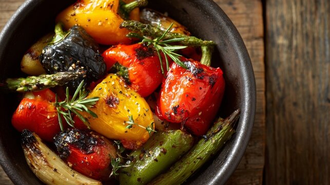 Colorful Roasted Vegetables in Bowl with Fresh Herbs on Rustic Wooden Table