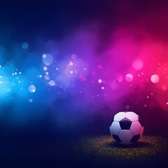 Naklejka premium Soccer Ball on Green Pitch with Magical Blue and Purple Bokeh