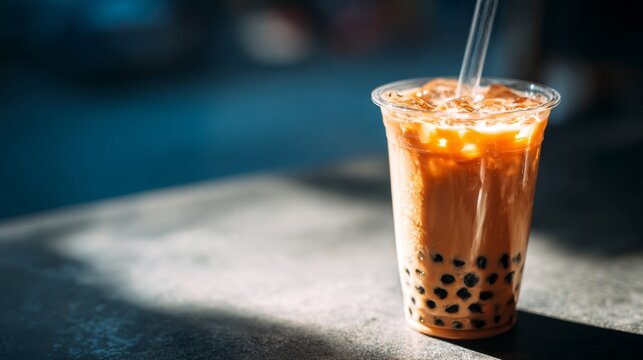 Refreshing iced beverage with tapioca pearls served in clear cup under soft natural light