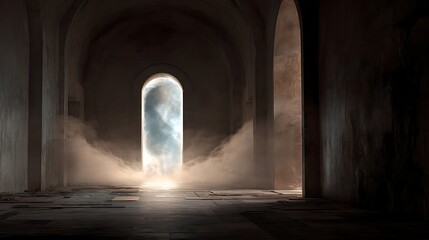 Fototapeta premium Illuminated portal glows within a dark, ancient, vaulted chamber filled with swirling mist
