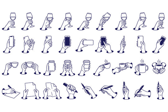 Collection of hand icons holding various objects on white background