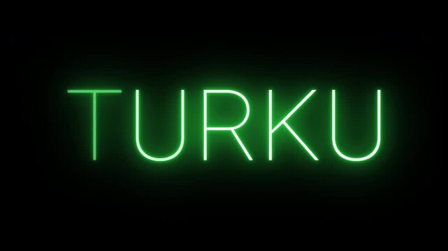 Flickering neon green glowing turku sign animated on black background.