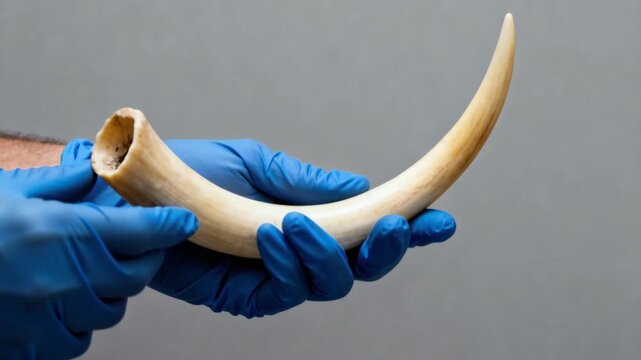 A gloved hand holding a curved ivory tusk, animal horn specimen, scientific examination.