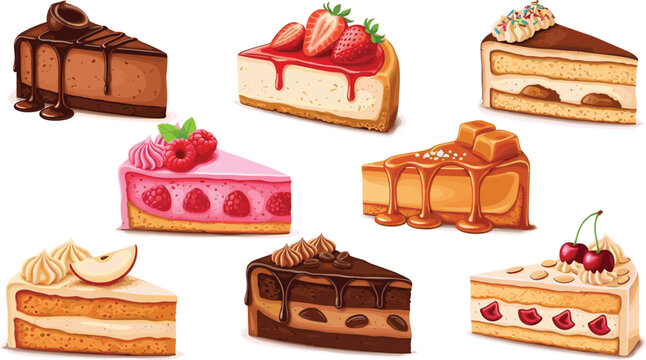 Decadent Cake Slice Vector Set Featuring Chocolate, Strawberry, Raspberry, Caramel, and Apple Flavors for Dessert Designs