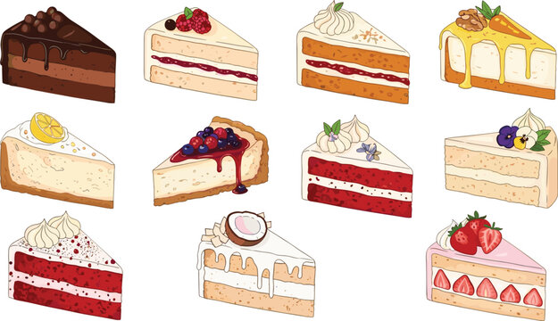 Delicious Cake Slice Vector Set Featuring Chocolate, Strawberry, Lemon, Red Velvet, and Berry Flavors for Dessert Designs