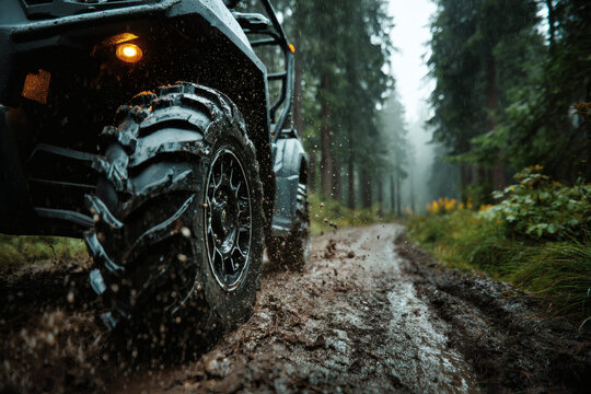Muddy off-road vehicle on forest path.