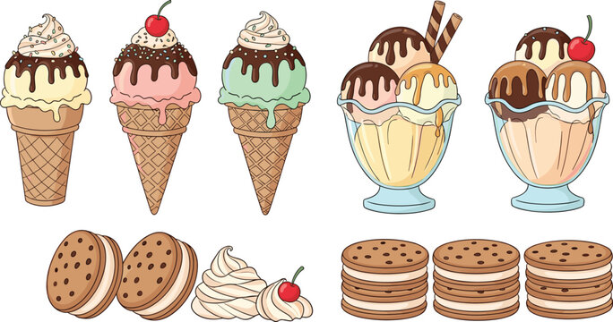 Ice Cream and Dessert Vector Set Featuring Cones, Sundaes, Sandwiches, and Toppings for Sweet Treat Illustrations