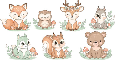 Fototapeta premium Cute Forest Animal Vector Set Featuring Fox, Owl, Deer, Squirrel, and Bear for Children’s Illustrations and Woodland Designs