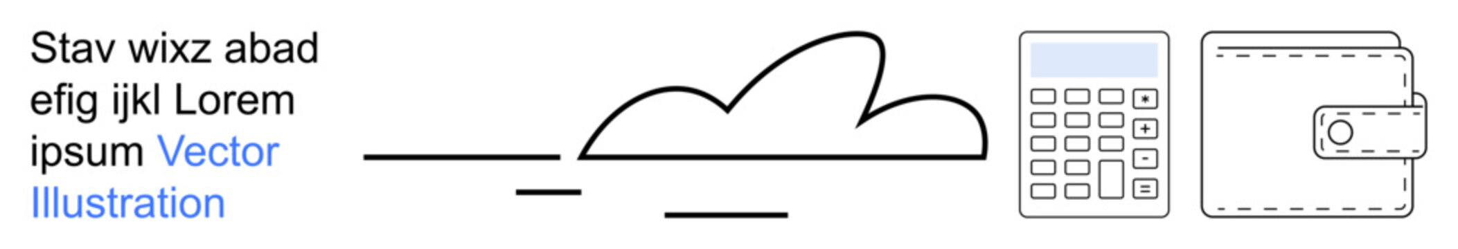 Cloud computing, online transactions, digital wallets, budgeting tools, financial apps, fintech. Minimalist outline of a cloud, calculator and wallet. Cloud computing and online transactions concept