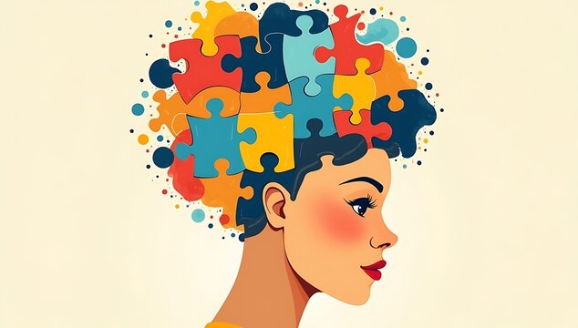 Illustration of a human face made of puzzle pieces with some missing, representing identity, confusion, or self-discovery, clean conceptual style