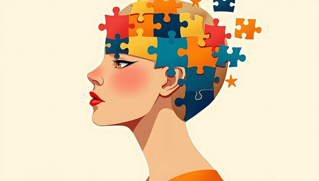 Illustration of a human face made of puzzle pieces with some missing, representing identity, confusion, or self-discovery, clean conceptual style