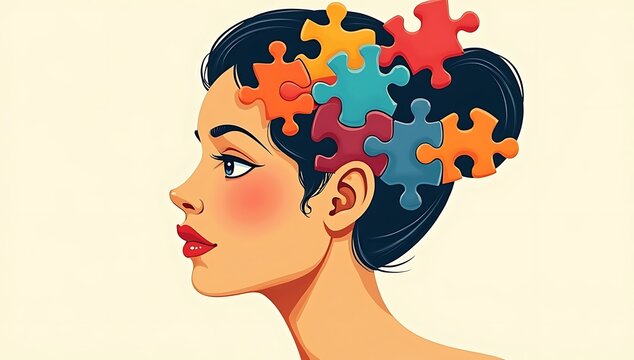 Illustration of a human face made of puzzle pieces with some missing, representing identity, confusion, or self-discovery, clean conceptual style