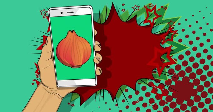 Cartoon Smartphone, comic book Telephone with Onion. Retro animation, comics pop art video.
