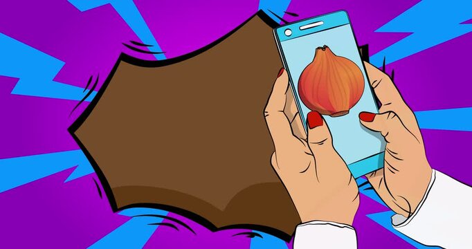 Cartoon Smartphone, comic book Telephone with Onion. Retro animation, comics pop art video.
