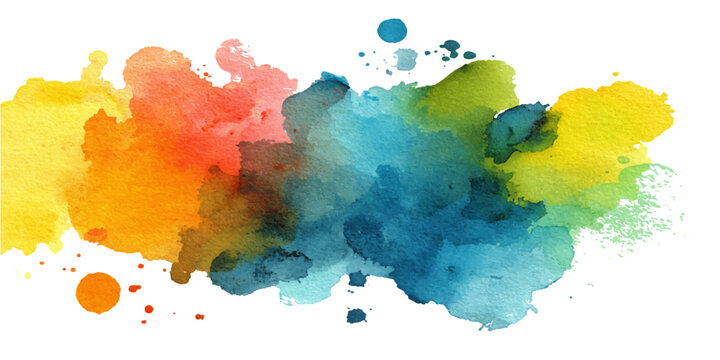 A vibrant burst of watercolor paint splashes across the image, blending hues of blue, green, yellow, orange and creating an artistic visual.