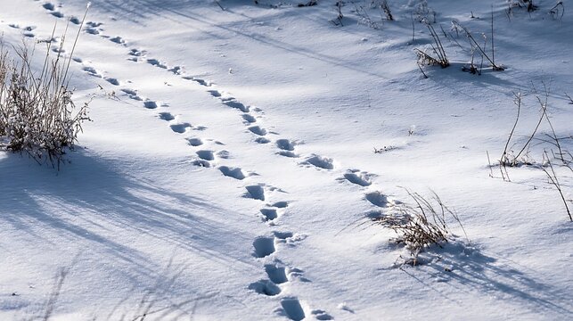 Animal tracks traverse a bright white snowfield illuminated by low sunlight casting long shadows