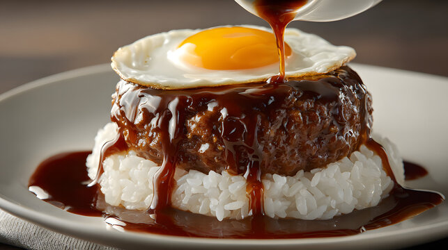 Hawaiian loco moco with juicy hamburger steak, white rice and fried egg topped with rich brown gravy, comfort food close-up