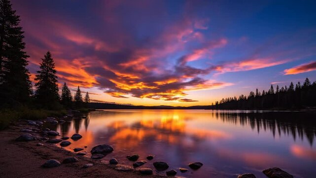 Tranquil lake sunset reflecting vibrant colors of orange and purple sky with a forest silhouette and rocky shoreline