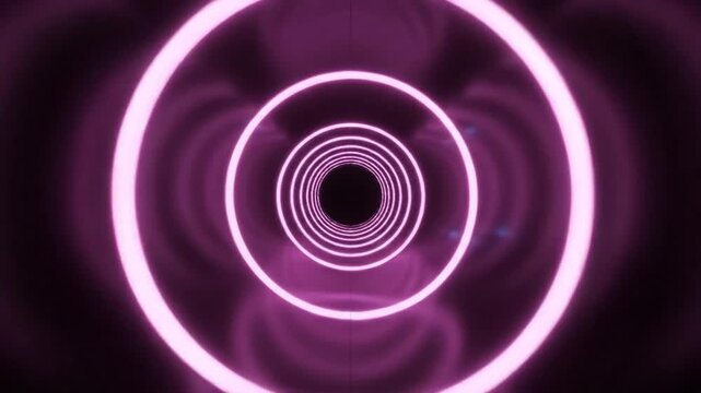 Futuristic tunnel with glowing neon rings perspective in purple and black space endless abstract background