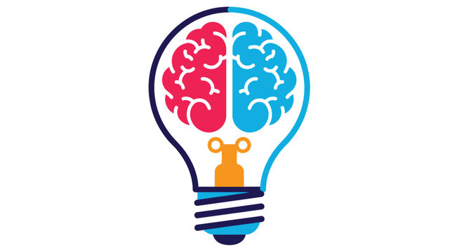 An illustration of a lightbulb containing a brain split into two colorful hemispheres